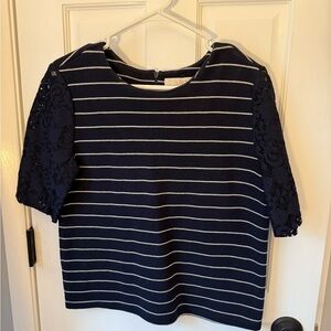 LOFT Navy and White Striped Blouse with Lace Sleeves